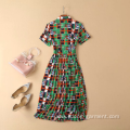 Short-Sleeved Printed Pleated Thin Medium-length Dress